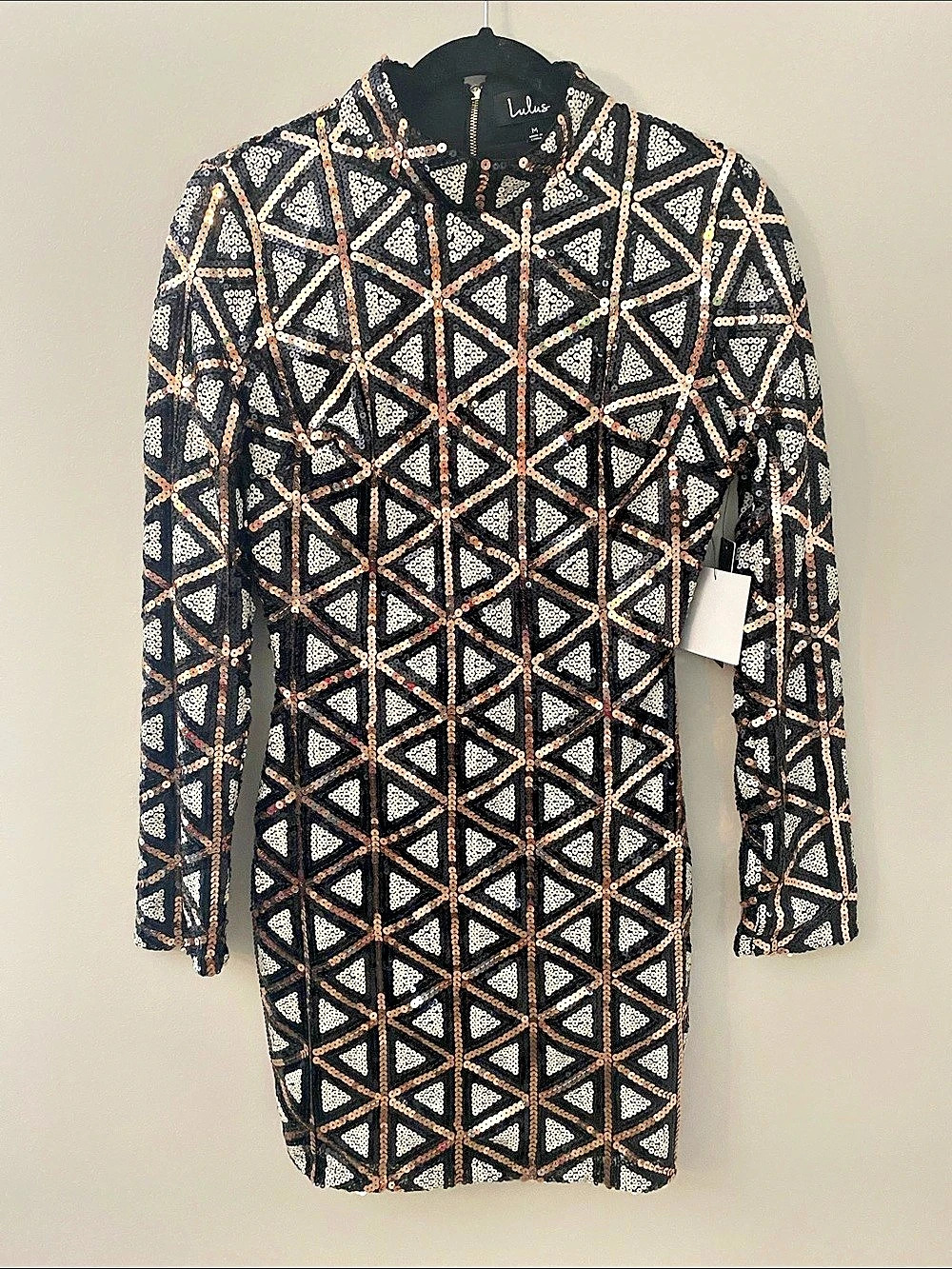 Lulus Geometric Sequin Long Sleeve Mini Dress Black & Gold Medium NWT